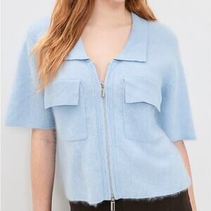 ALIGNE Erika Brushed Wool Knitted Shirt Womens L Blue Short Sleeve Full Zip